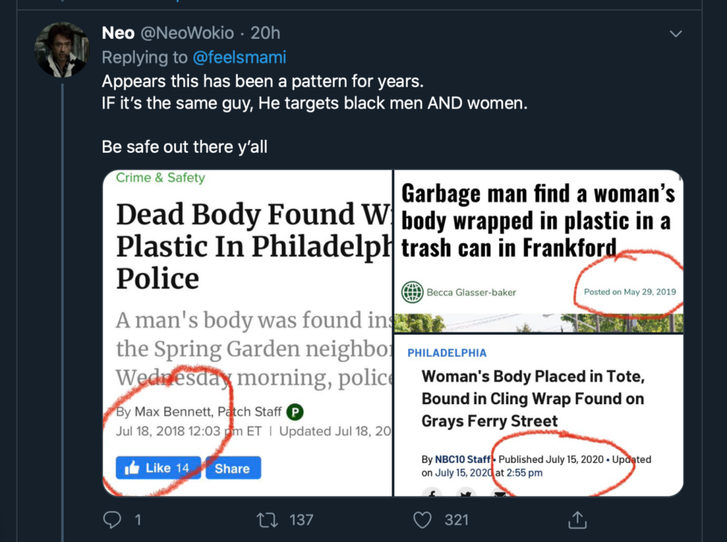A second tweet claiming a serial killer is hiding in Philadelphia